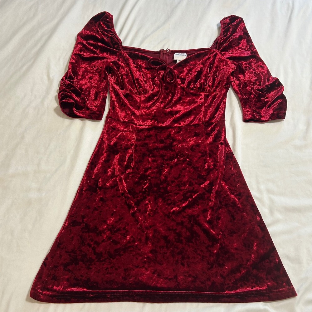 Narrated Womens Crushed Velvet Mini Dress Burgundy Red Puff Sleeve‎ XS Romantic